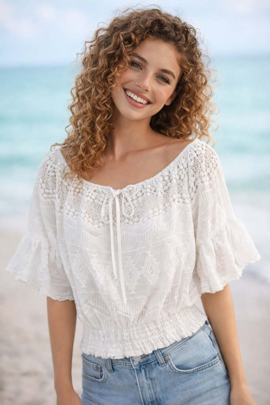 Lulus White Lace Crop Top with Front Tie and Short Bell Sleeves Small Boho